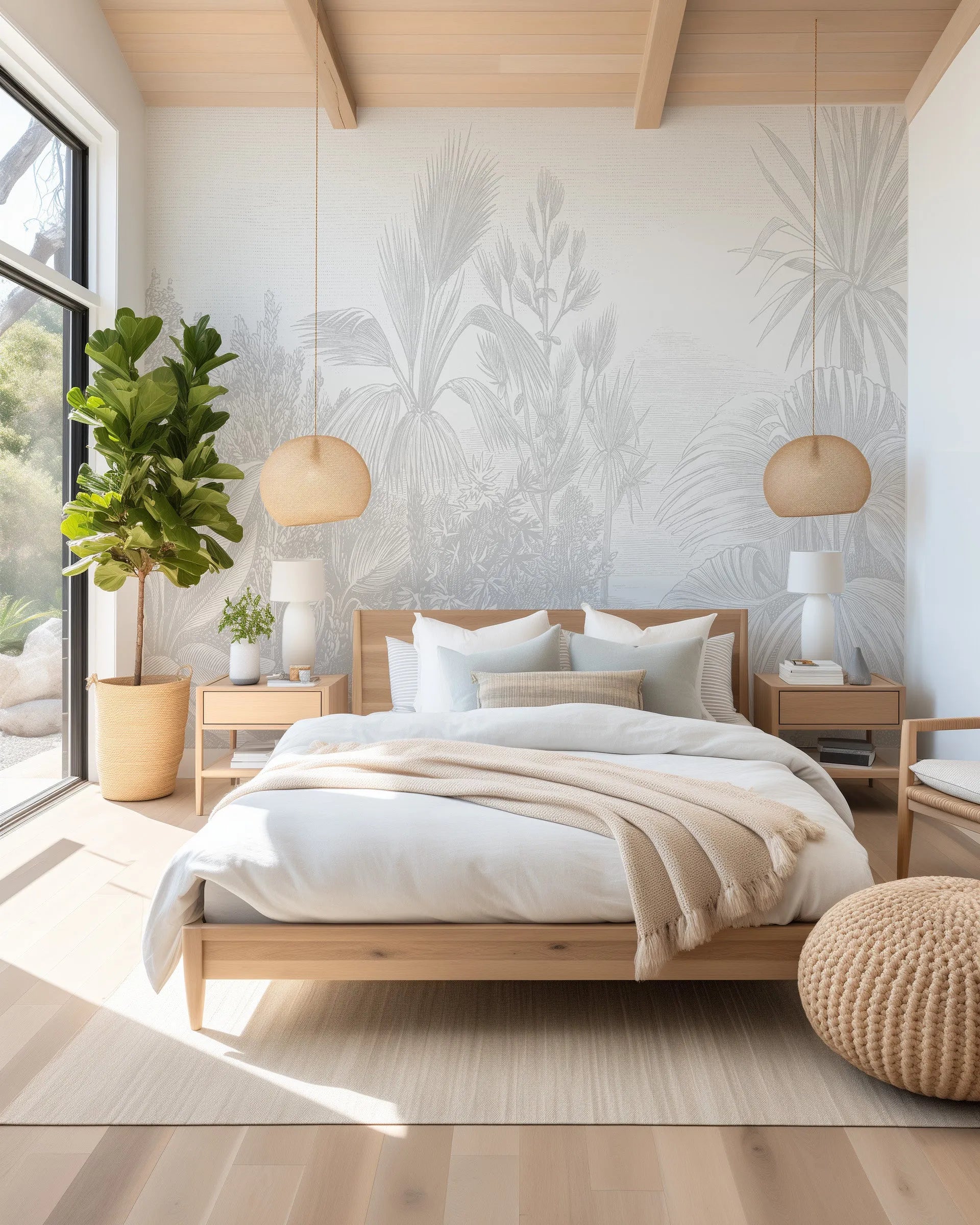 Elegant wallpapered bedroom with a botanical feature wall