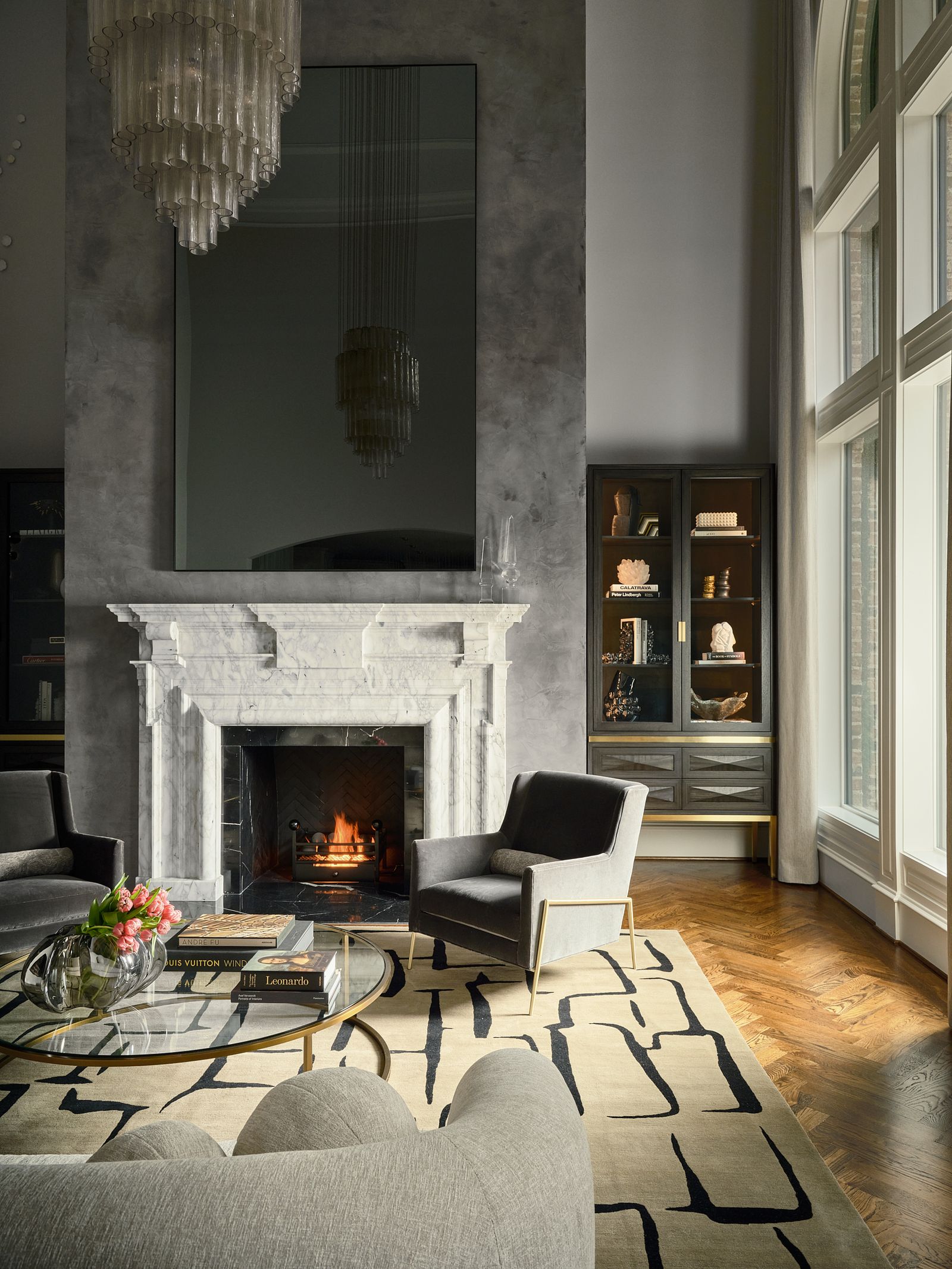 Patterned wallpaper in a finished living room