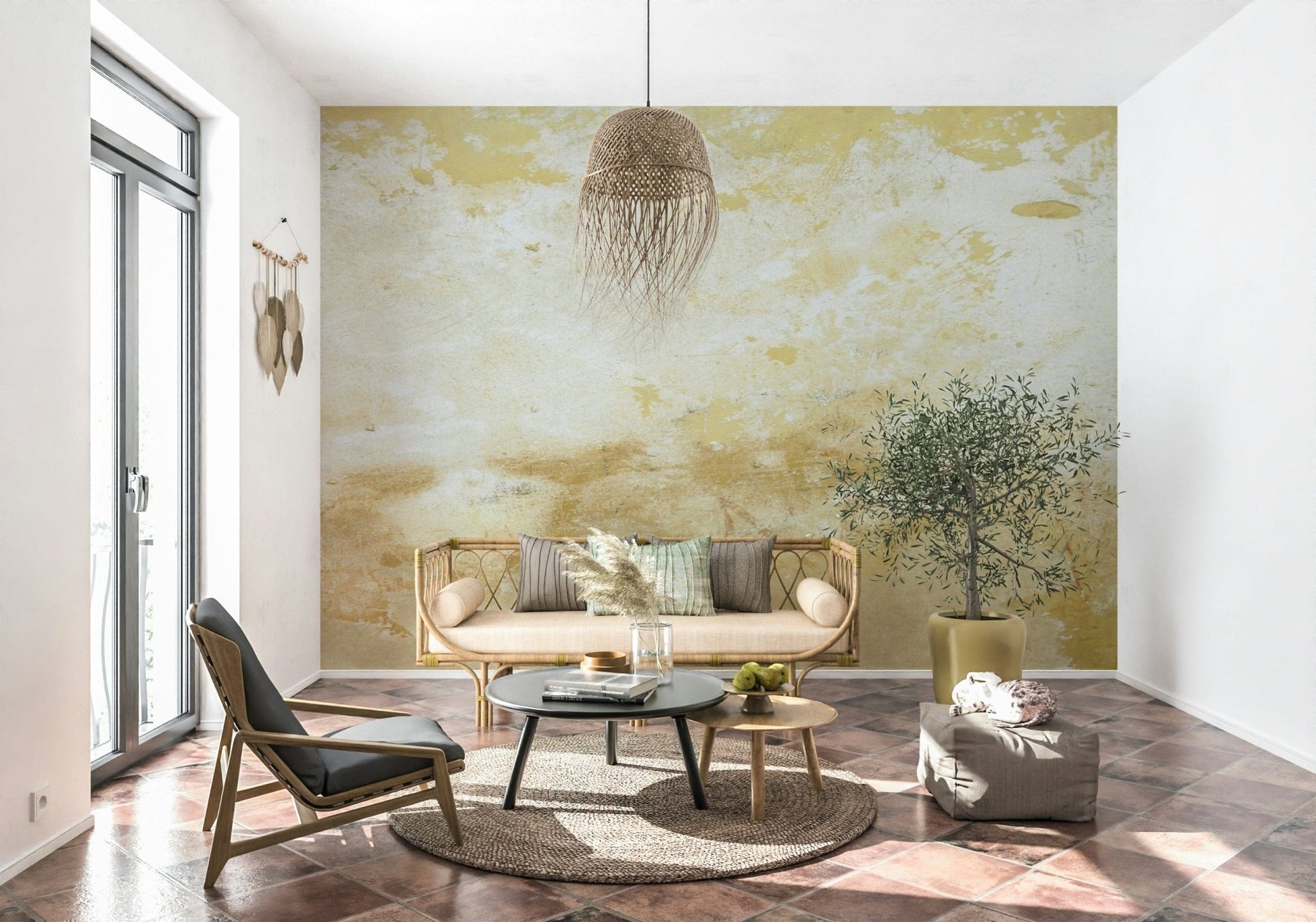 Decorative mural wallcovering in a finished room